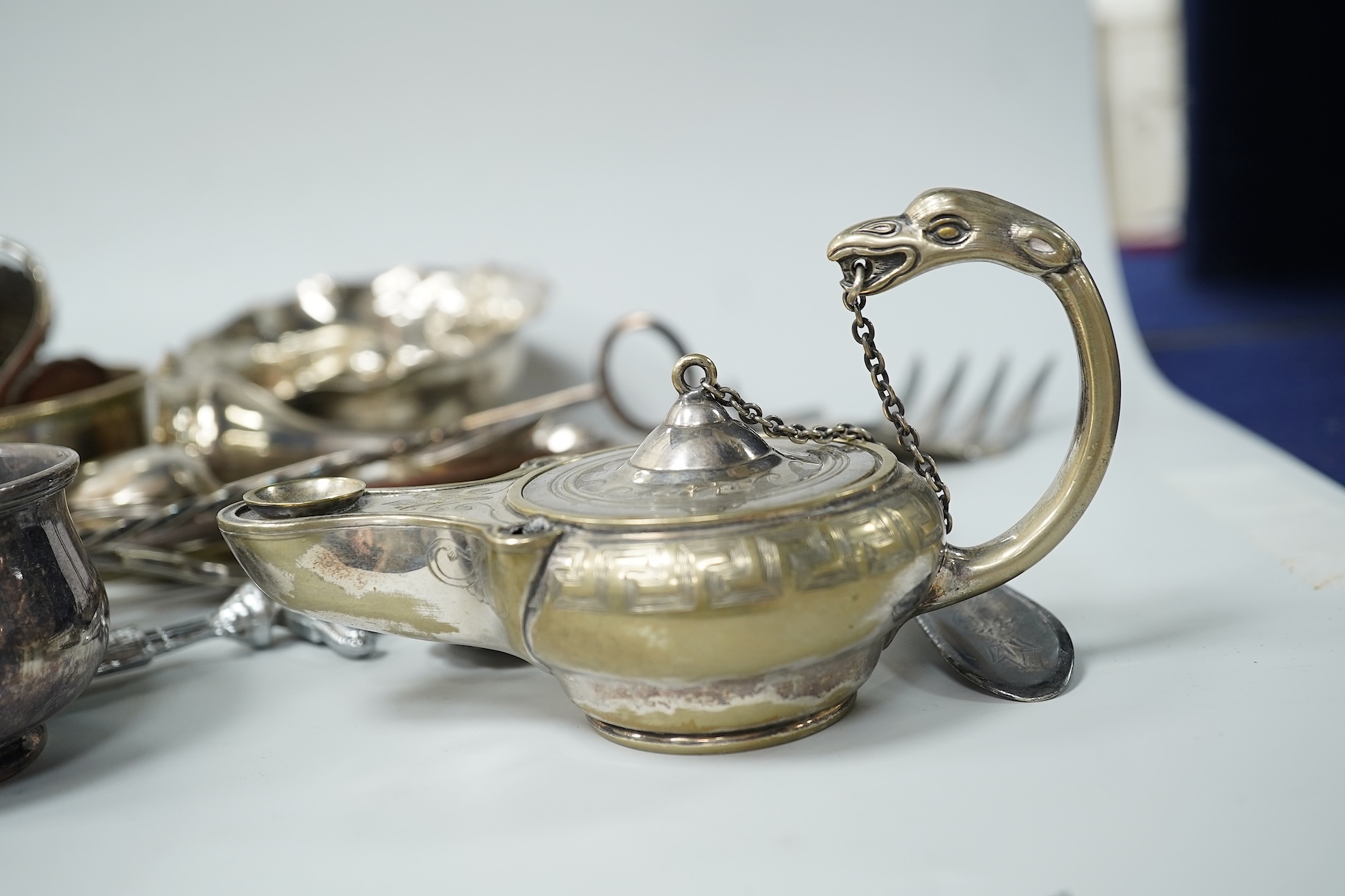 A collection of various plated wares and small silver